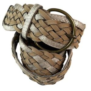 Boho Braided Tan Cream Wide Belt Brass Buckle Metallic Shimmer Vegan Leather OS